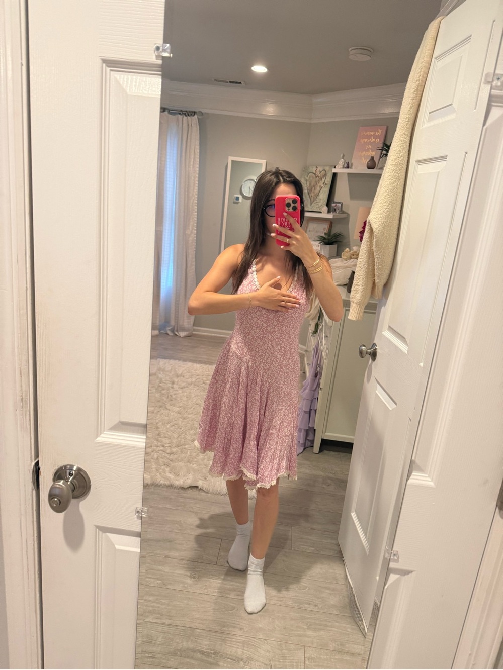 Poupette St. Barth Pink Floral Midi Dress with Ruffle Hem